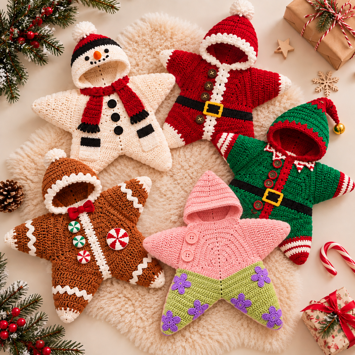 Five crochet star bodysuits laid together: Snowman, Starry Santa, Christmas Elf, Gingerbread and Pink — what you'll make (illustrative image)