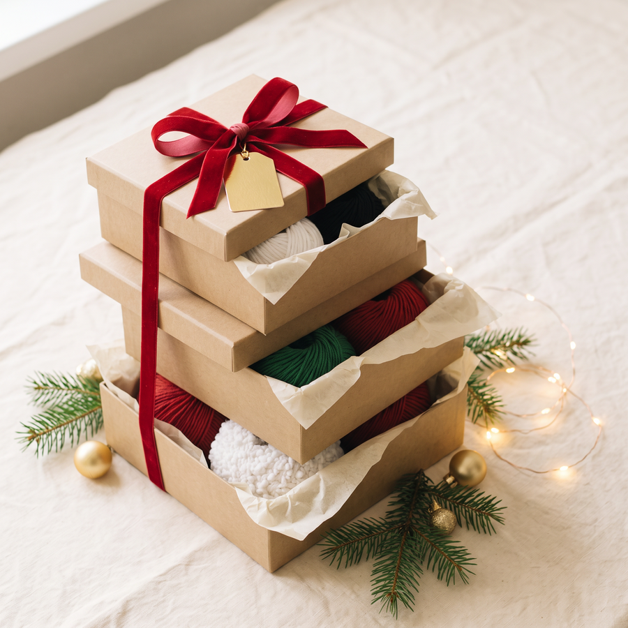 Christmas yarn kits in kraft boxes with ribbon — illustrative image