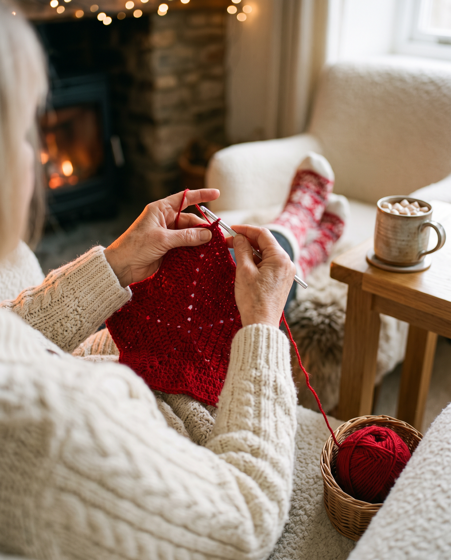 Hands crocheting red yarn beside a cozy fireplace — illustrative image