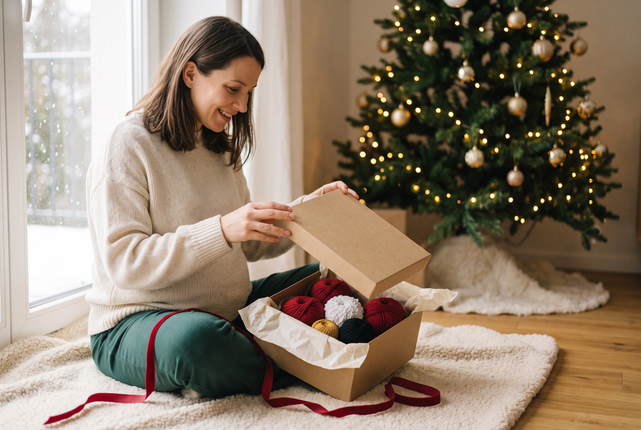 Woman opening a kraft box of Christmas-red yarn beside a lit tree — illustrative image