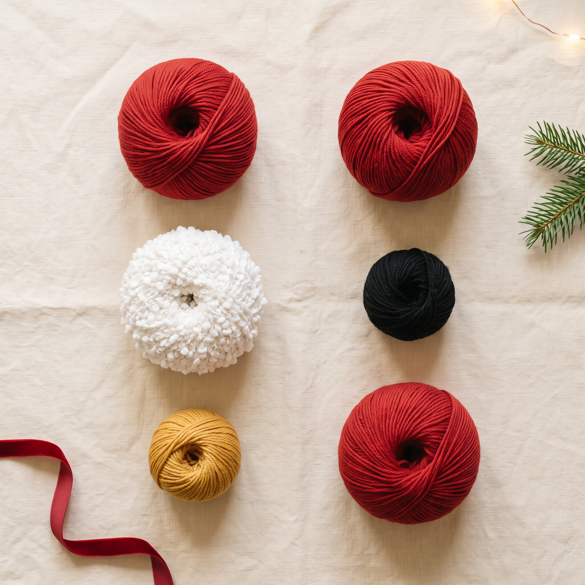 Balls of red, white, black and gold yarn laid flat on linen — illustrative image of a kit's yarn