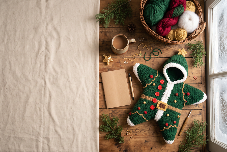 A maker's worktable by a frosty window with Christmas yarn, a mug and a finished crochet star — illustrative image