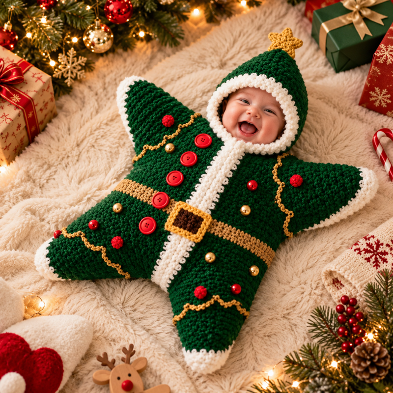 Christmas Tree crochet star bodysuit laid flat — what you'll make (illustrative image)