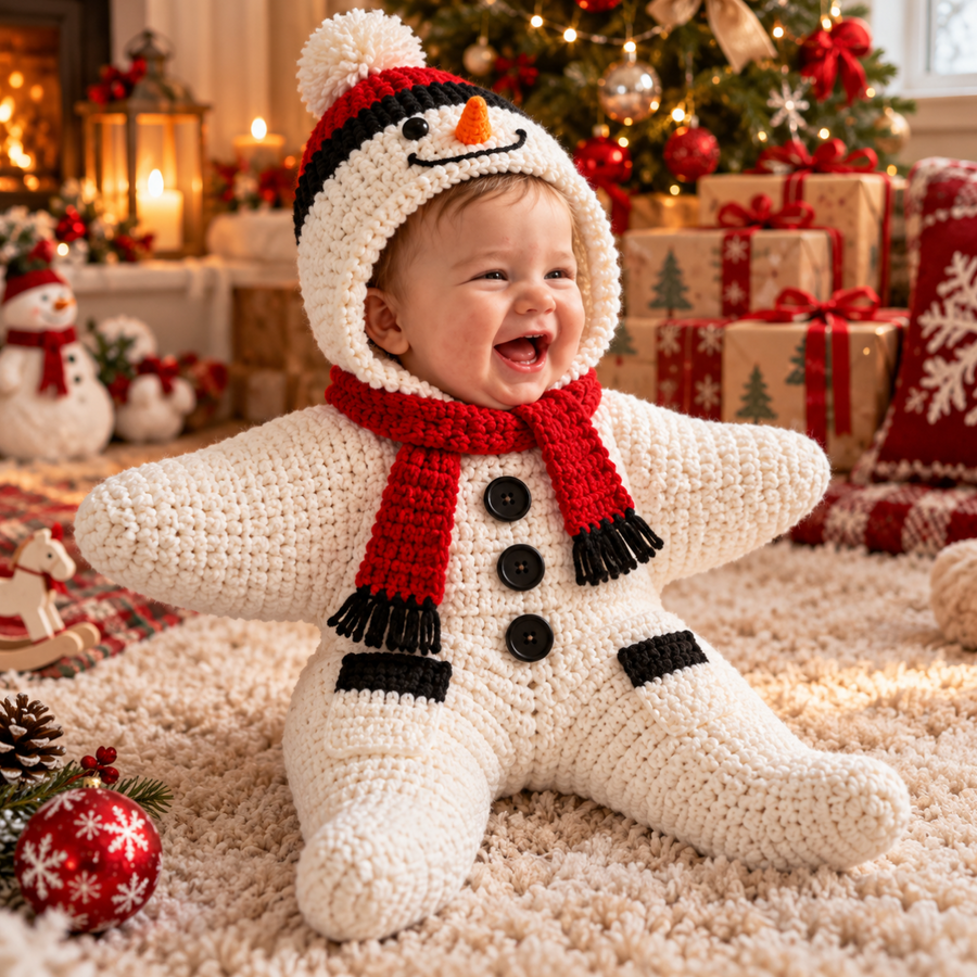 Smiling baby sitting up in the Snowman Baby Star crochet bodysuit — what you'll make (illustrative image)