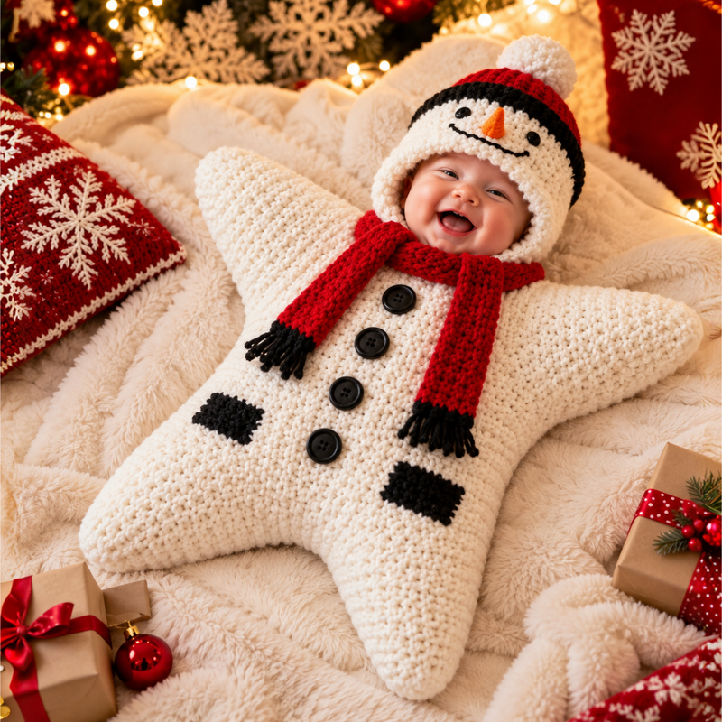 Snowman Baby Star crochet star bodysuit laid flat — what you'll make (illustrative image)