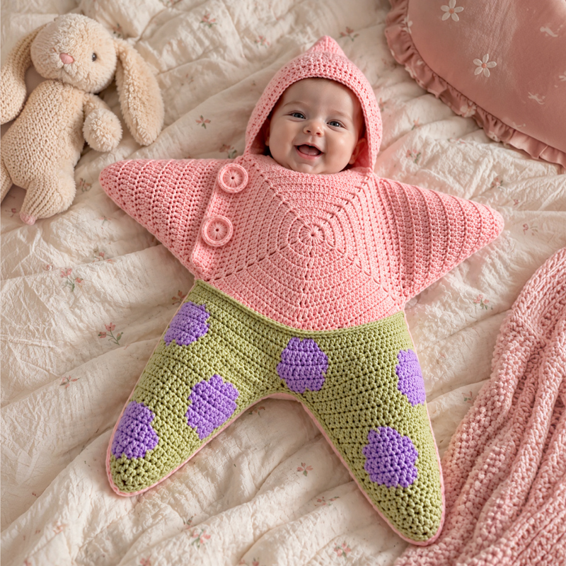 Pink crochet star bodysuit laid flat — what you'll make (illustrative image)
